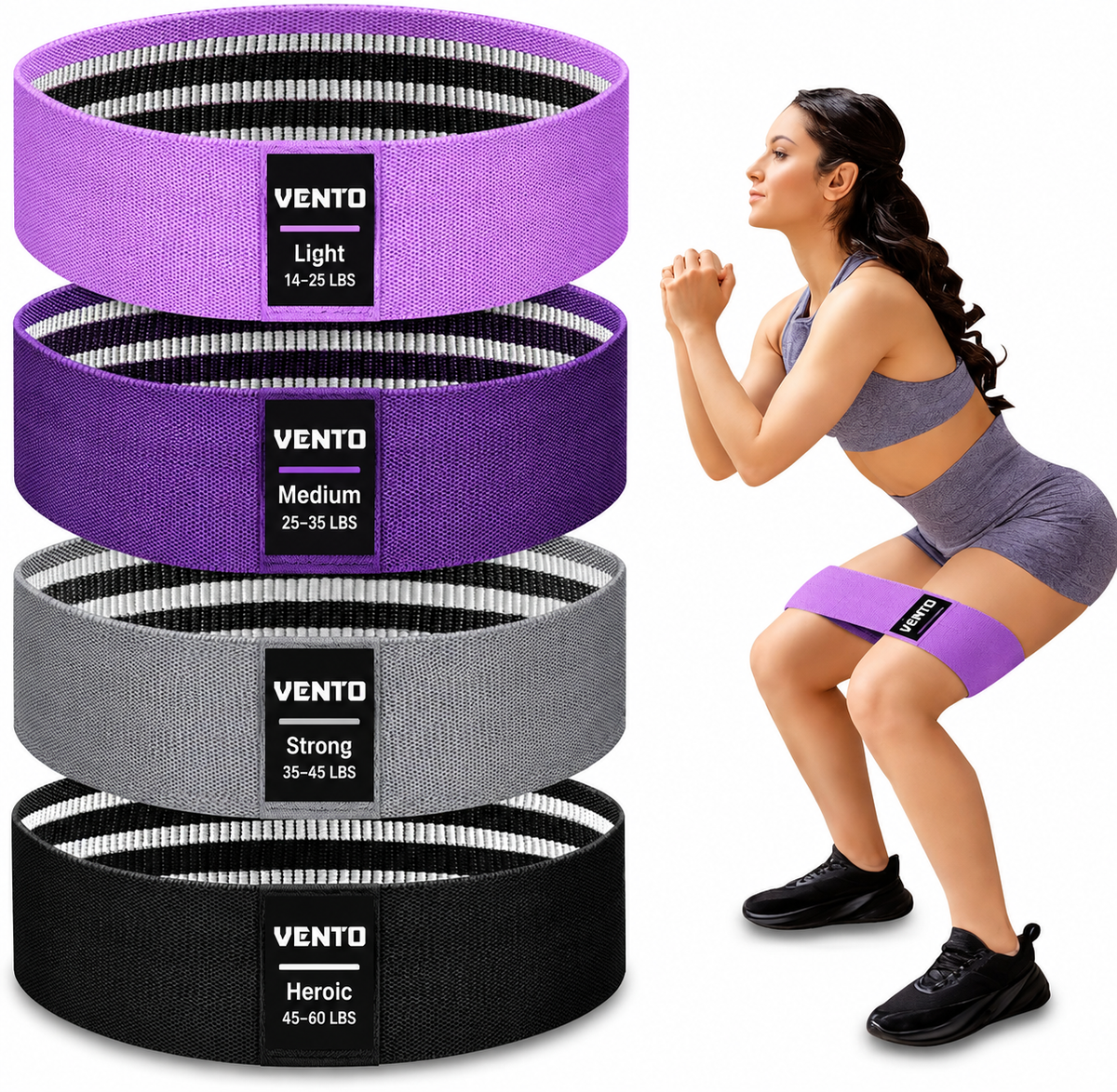 VENTO Fabric Resistance Bands Set – 4 Levels Workout & Booty Bands