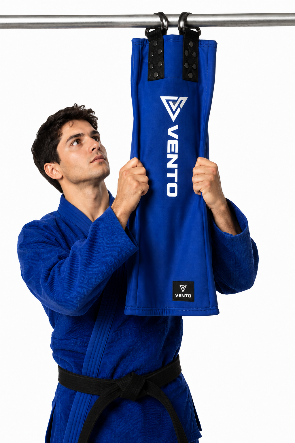 VENTO royal blue BJJ Gi sleeve grip trainer hanging on pull up bar for Jiu-Jitsu grip strength training
